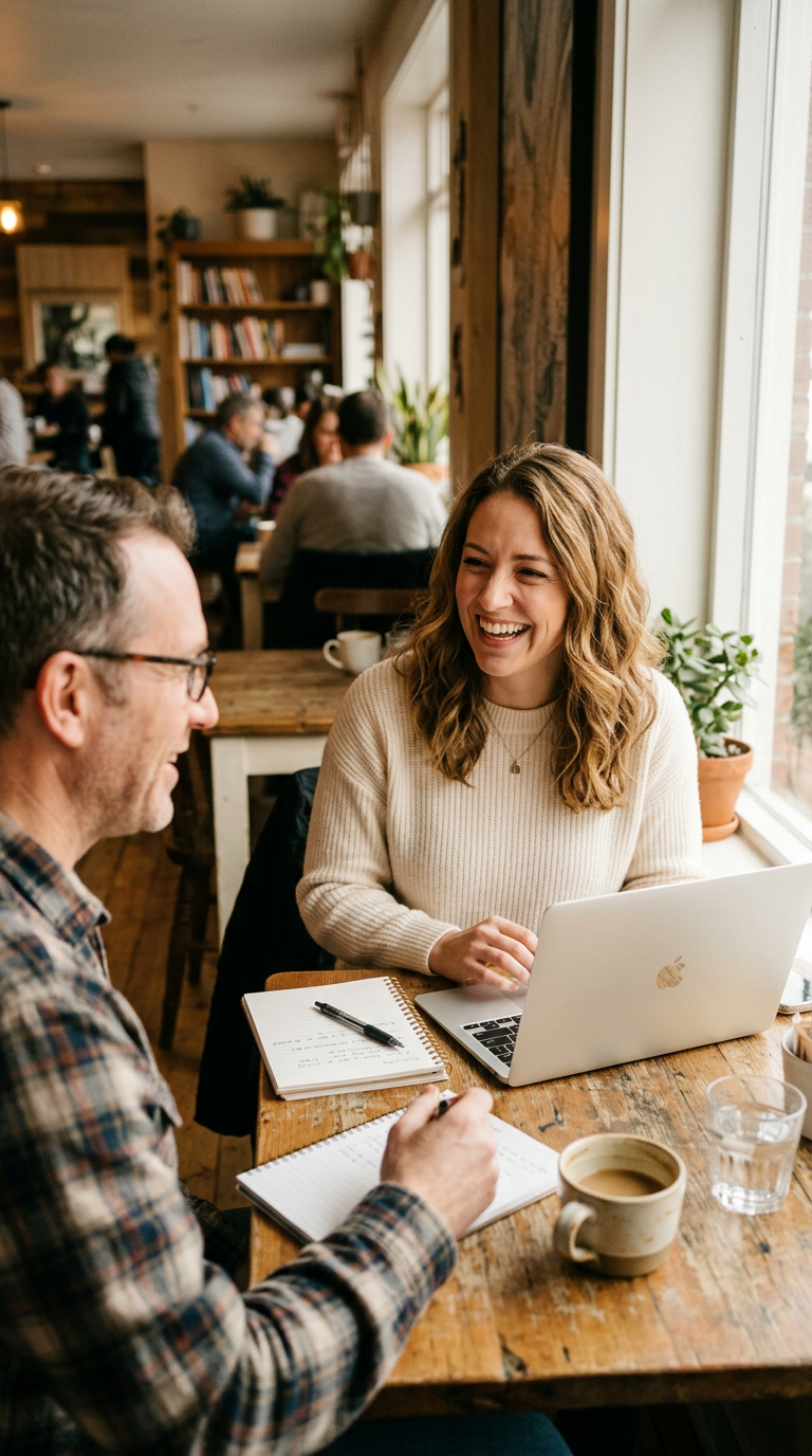 A smiling consultant sitting with a local business owner at a cafe table, going over notes together